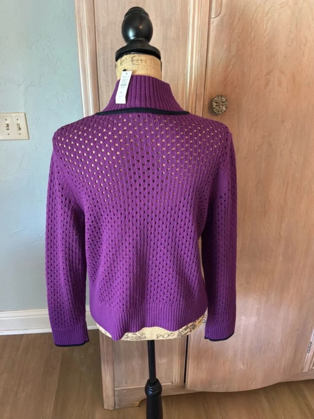 NWT Talbots zip up cool max crochet cardigan sweater purple mulberry L Petite